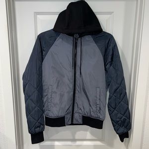 American Rag Hooded drawstring Nylon Bomber Jacket gray/black unisex size Small